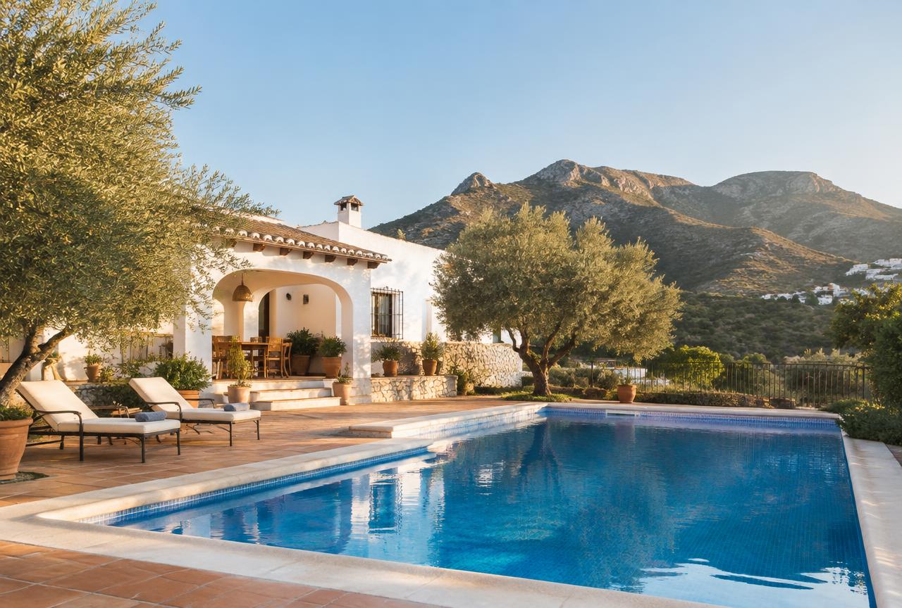 Mediterranean home with a stone terrace and olive trees